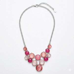 Multi Shade Pink Cabochon Bib Necklace Silver Tone Chain Statement Cluster Jewel
